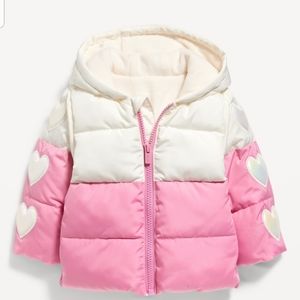 NEW OLD NAVY white and pink baby puffer with hearts 12-18M
